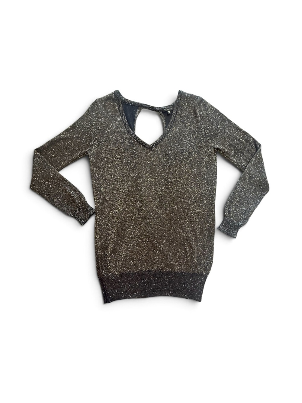 Dynamite Metallic Knit Sweater Top XS Black Gold Shimmer Open Keyhole Back Glam